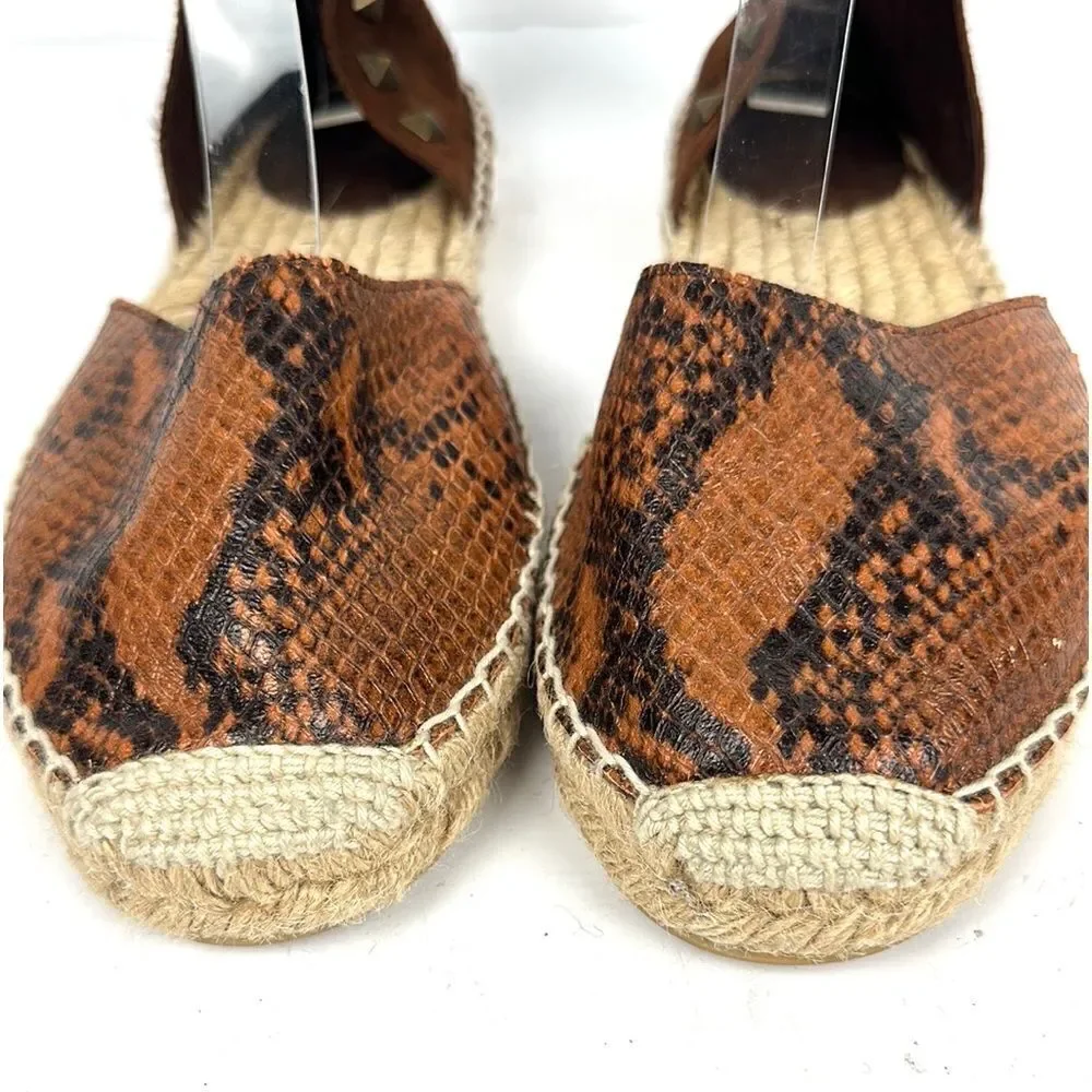 ASH Spain Rockstud Leather Suede Flat Espadrilles Brown Piton Print 37 US 6,5